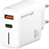 Зарядка Grand-X GaN 1xUSB-C + 1xUSB QC3.0 45W white CH-460W