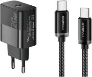 Зарядка ESSAGER USB-C PD20W + cable USB-C to USB-C 60W black E20JSB1-SYTT1-T