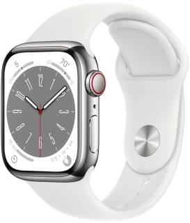 Часы Apple Watch Series 8 GPS + Cellular 45mm Silver S. Steel Case w. White S. Band MNKE3
