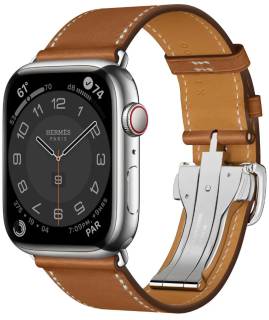 Apple Watch Series 7 Hermes GPS + Cellular, 45mm Silver Stainless Steel Case (MKMG3) with Fauve Swift Leather Single Tour Deployment Buckle (MHLU3) MKMG3/MHLU3