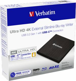 Дисковод Verbatim Ultra HD 4K External Slimline Blu-Ray Writer USB 3.2 Gen1 USB-C Black 43888