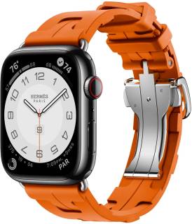 Часы Apple Watch Hermès Series 9 GPS + Cellular 45mm Space Black Stainless Steel Case with Orange Kilim Single Tour MRQQ3+MTJ03