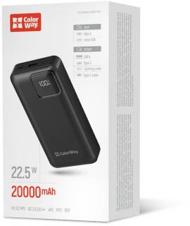 Павербанк ColorWay 20 000 mAh Optimal Power PD/22.5W, QC/3.0, Black CW-PB200LPB5BK-PDD
