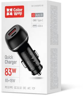 Зарядка ColorWay USB-C PD65W + USB QC3.0 car adapter CW-CHA068PD-BK
