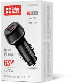 Зарядка ColorWay USB-C PD45W + USB QC3.0 car adapter CW-CHA067PD-BK