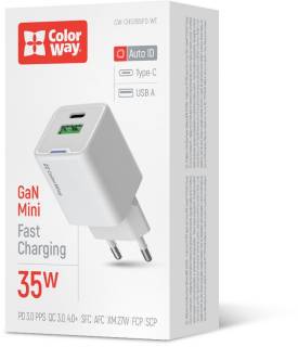 Зарядка ColorWay GaN Mini 35W PD Port PPS USB (Type-C PD + USB QC4. CW-CHS055PD-WT