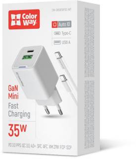 Зарядка ColorWay GaN Mini 35W PD Port PPS USB (Type-C PD + USB QC4. CW-CHS055PDC-WT