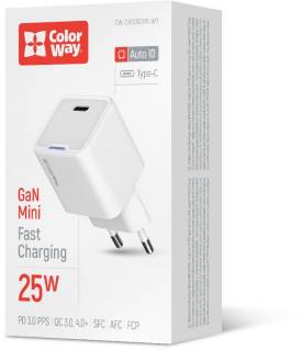 Зарядка ColorWay GaN Mini 25W PD Port PPS USB-C white CW-CHS052PD-WT