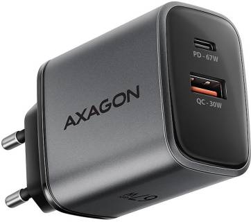 Зарядка AXAGON 1xUSB-C PD67W + 1xUSB QC4+ PPS gray ACU-PQ67