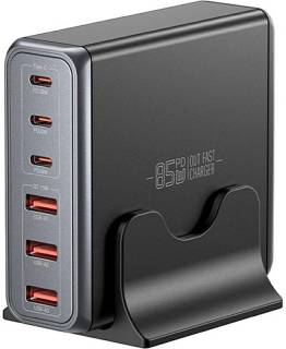 Зарядка ESSAGER 3xUSB-C + 3xUSB-A 85W GaN black EZC85W-SXB0G-Z