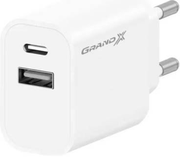 Зарядка Grand-X 1xUSB-C + 1xUSB 21W OCP white CH-21W