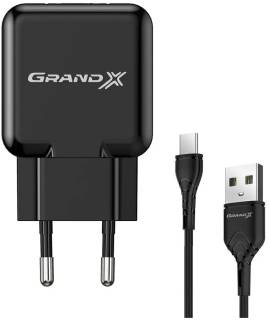 Зарядка Grand-X USB 5V 2.1A + cable USB to USB-C black CH-03T