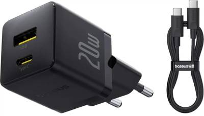 Зарядка Baseus 1xUSB-C PD20W + 1xUSB + cable USB-C to USB-C white P10111608113-01