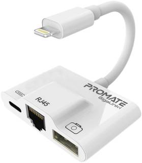 Сетевой адаптер Promate Lightning to RJ45 Ethernet + USB 3.0 OTG + Lightni gigalink-i.white