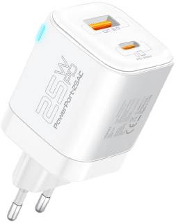 Зарядка Promate USBC PD25W + USBA QC3.0 18W White powerport-25ac.white