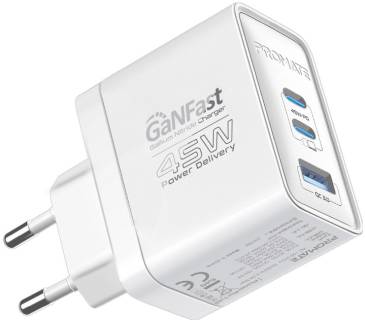 Зарядка Promate powerport-45 2xUSB-C PD + USB-A QC 45W White powerport-45.white