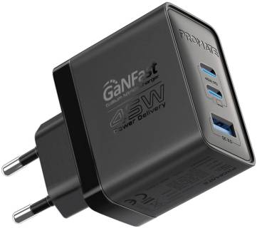 Зарядка Promate powerport-45 2xUSB-C PD + USB-A QC 45W Black powerport-45.black