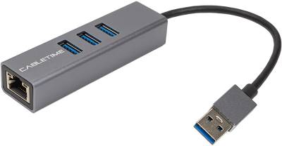 Сетевой адаптер Cabletime USB 3.0 to 3xUSB 3.0 + RJ45 0.15m CA913374