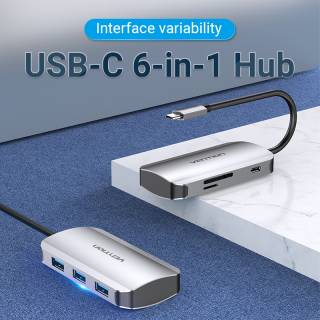 Разветвитель Vention USB3.1 Type-C --> USB 3.0x3/SD/TF/PD 100W Hub 6-in TNHHB