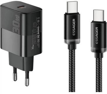 Зарядка ESSAGER USB-C PD30W + cable USB-C to USB-C 60W black E30JSB1-SYTT1-T