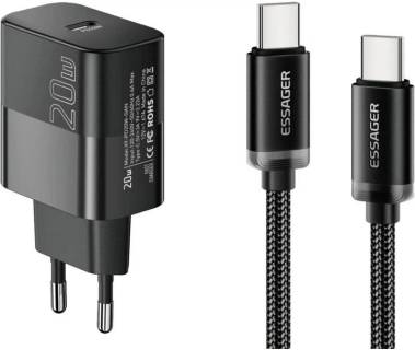 Зарядка ESSAGER USB-C PD20W + cable USB-C to USB-C 60W black E20JSB1-SYTT1-T