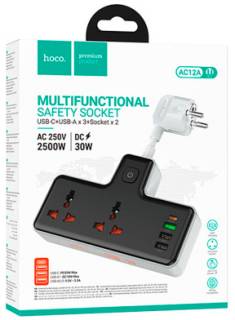 Фильтр HOCO AC12A, 2 роз, 3 USB. USB-C, 30W, 1м, Black AC12AB