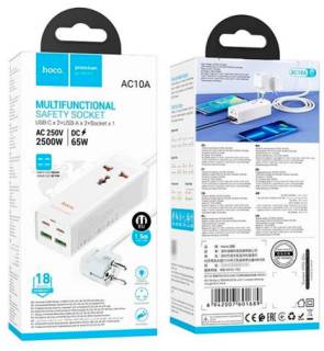 Фильтр HOCO AC10A, 1 роз, 2 USB, 2 USB-C, 65W, 1,5м, White AC10A/W
