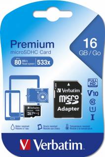 Флеш-карта Verbatim Premium microSDHC 16GB + adapter 44082