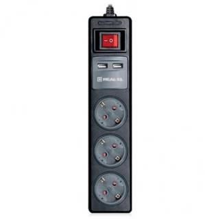 Фильтр REAL-EL RS-3 USB CHARGE 1.8m, black EL122500001